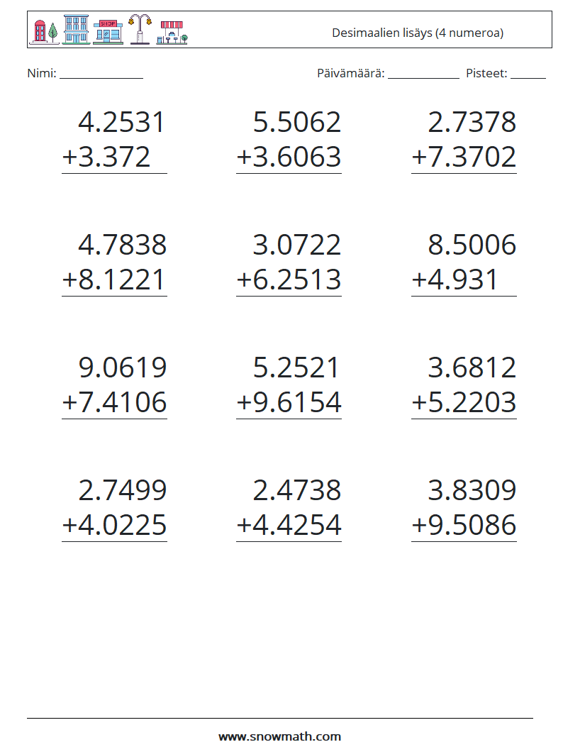 (12) Desimaalien lisäys (4 numeroa) Matematiikan laskentataulukot 18