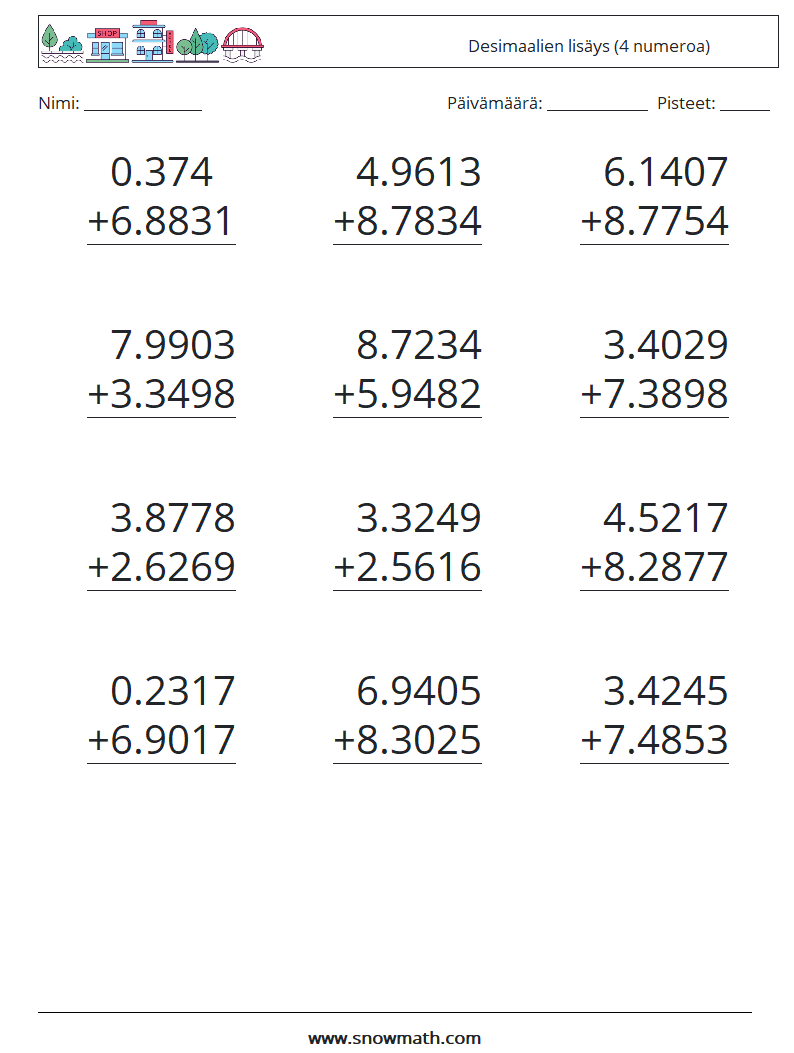 (12) Desimaalien lisäys (4 numeroa) Matematiikan laskentataulukot 2