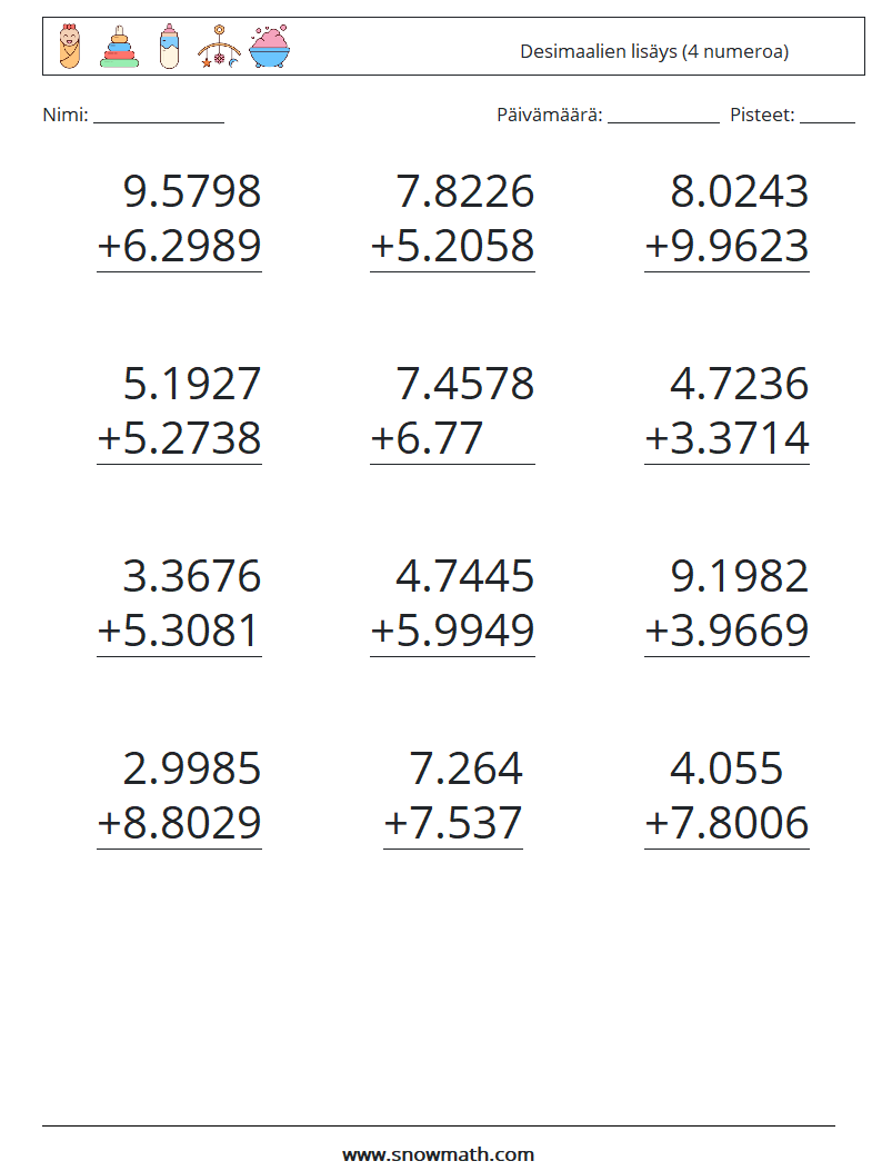 (12) Desimaalien lisäys (4 numeroa) Matematiikan laskentataulukot 3