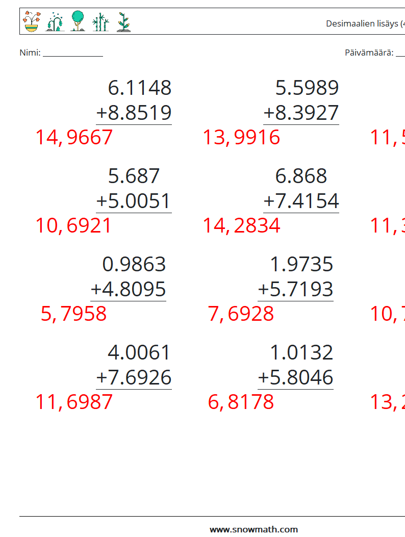 (12) Desimaalien lisäys (4 numeroa) Matematiikan laskentataulukot 4 Kysymys, vastaus