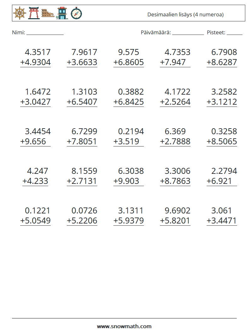 (25) Desimaalien lisäys (4 numeroa) Matematiikan laskentataulukot 18