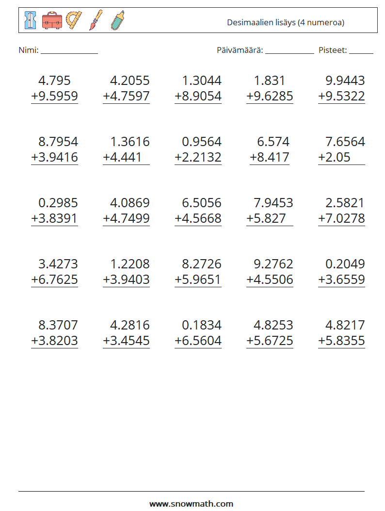 (25) Desimaalien lisäys (4 numeroa) Matematiikan laskentataulukot 6