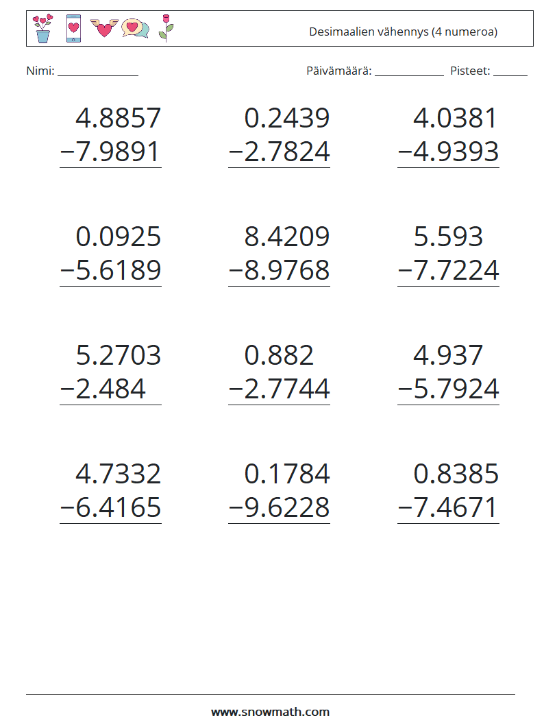 (12) Desimaalien vähennys (4 numeroa) Matematiikan laskentataulukot 1