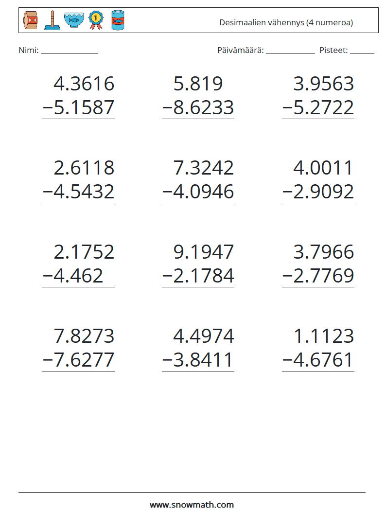 (12) Desimaalien vähennys (4 numeroa) Matematiikan laskentataulukot 10