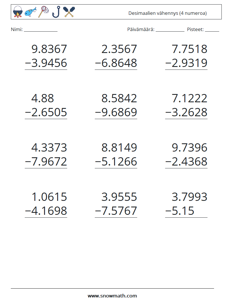 (12) Desimaalien vähennys (4 numeroa) Matematiikan laskentataulukot 11