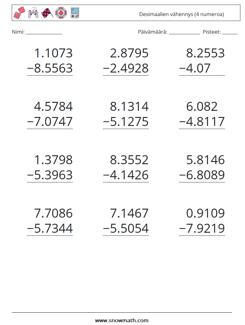 (12) Desimaalien vähennys (4 numeroa) Matematiikan laskentataulukot 12