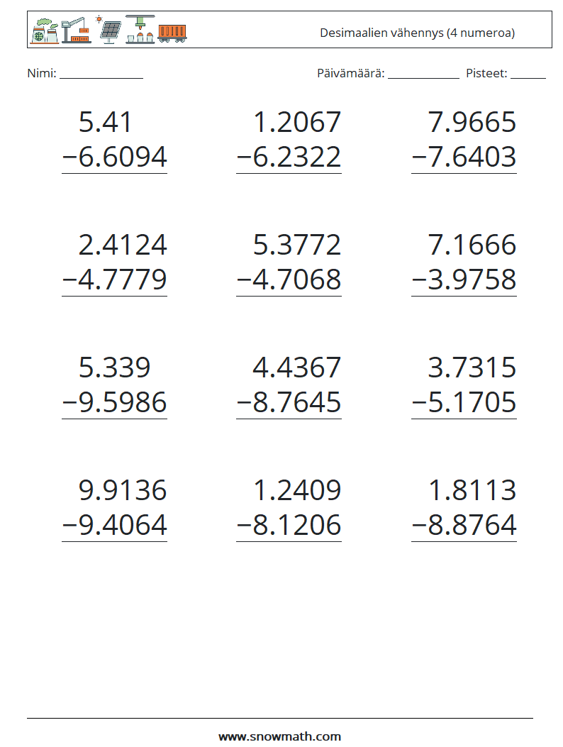 (12) Desimaalien vähennys (4 numeroa) Matematiikan laskentataulukot 15