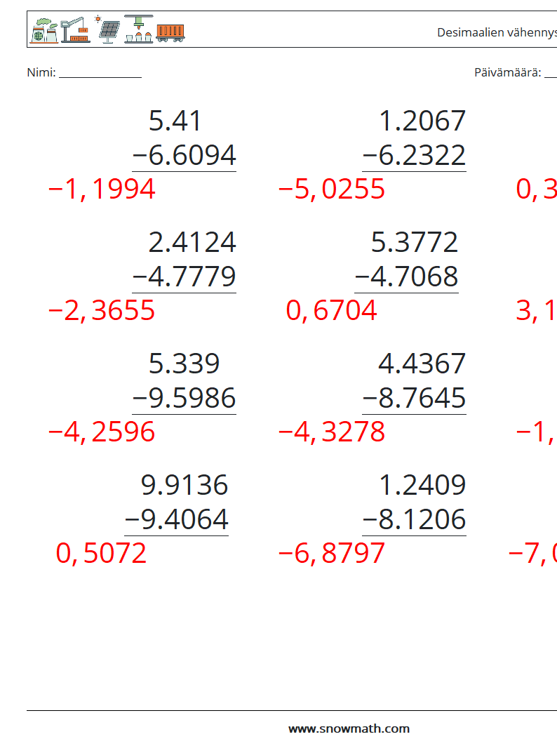 (12) Desimaalien vähennys (4 numeroa) Matematiikan laskentataulukot 15 Kysymys, vastaus