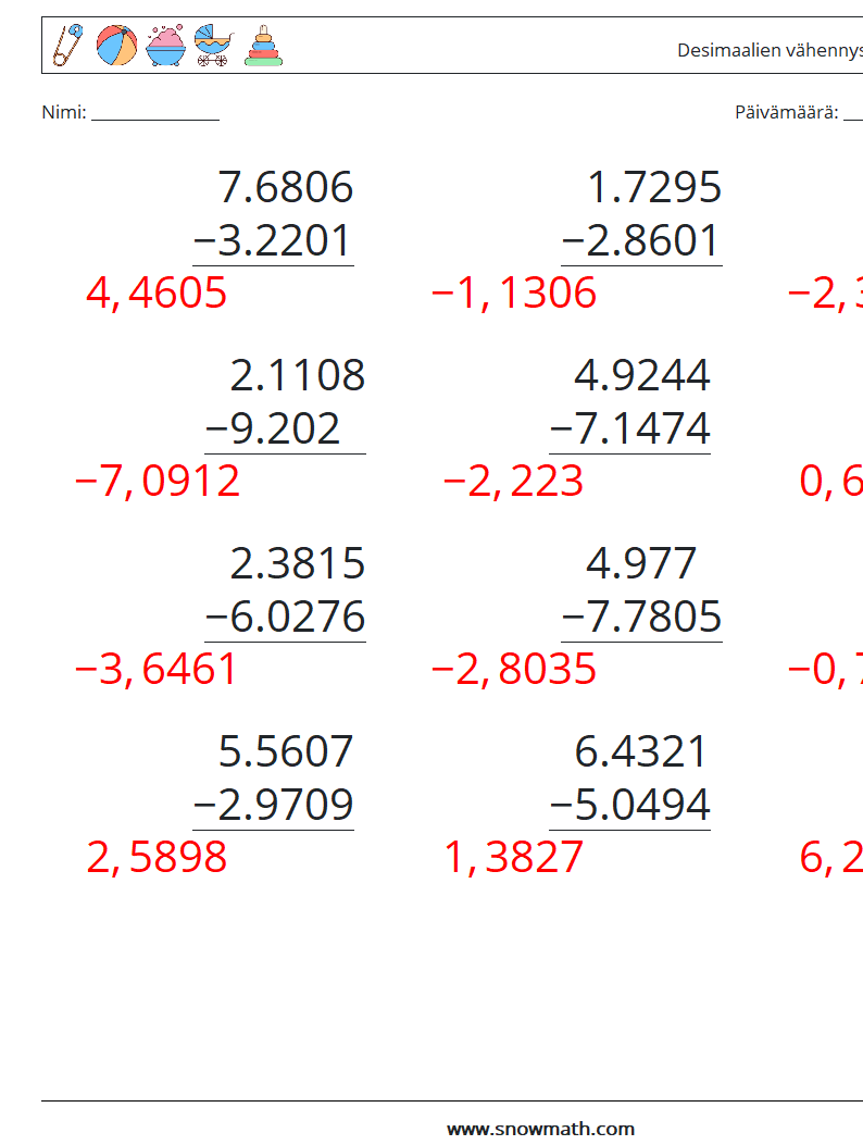 (12) Desimaalien vähennys (4 numeroa) Matematiikan laskentataulukot 16 Kysymys, vastaus