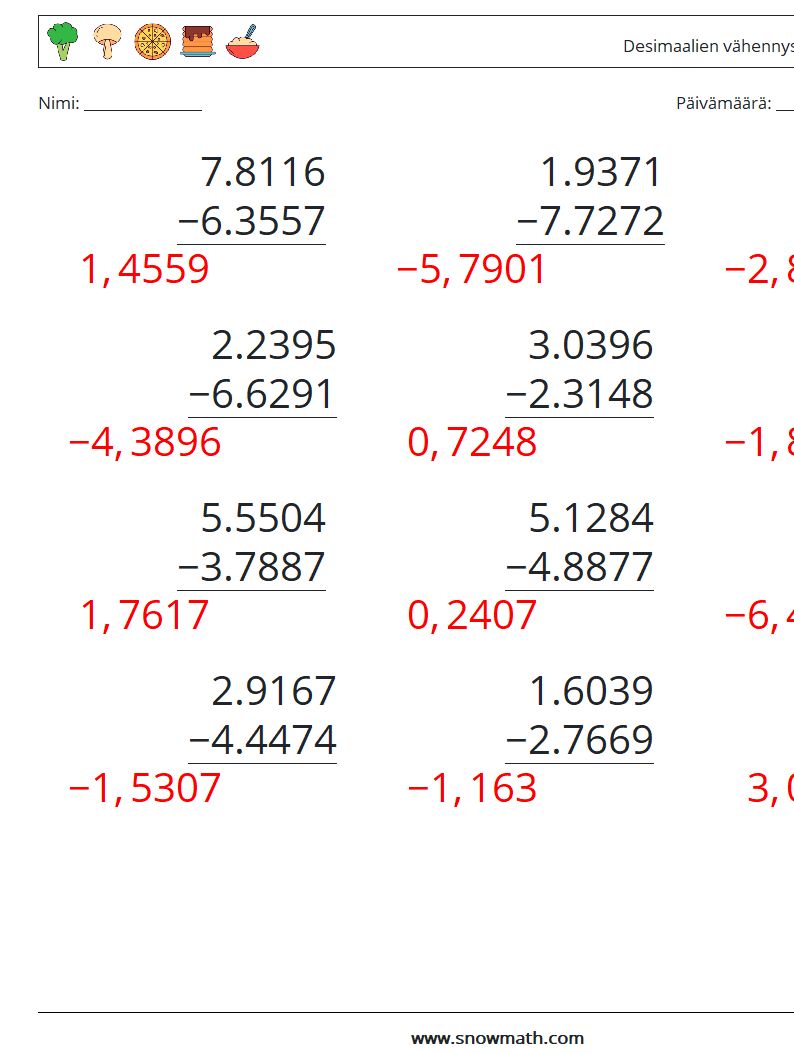 (12) Desimaalien vähennys (4 numeroa) Matematiikan laskentataulukot 18 Kysymys, vastaus