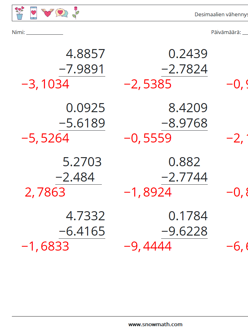 (12) Desimaalien vähennys (4 numeroa) Matematiikan laskentataulukot 1 Kysymys, vastaus