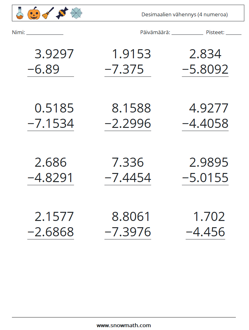 (12) Desimaalien vähennys (4 numeroa) Matematiikan laskentataulukot 2