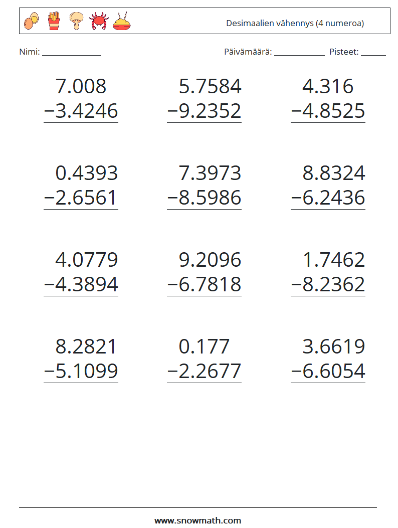 (12) Desimaalien vähennys (4 numeroa) Matematiikan laskentataulukot 4