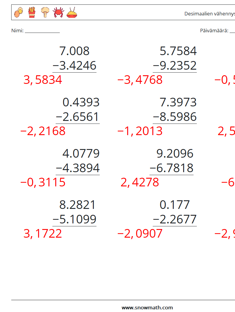 (12) Desimaalien vähennys (4 numeroa) Matematiikan laskentataulukot 4 Kysymys, vastaus