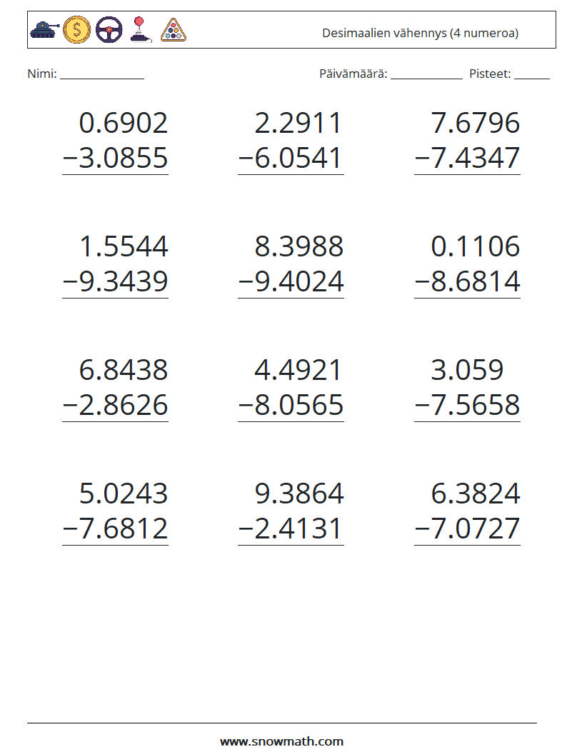 (12) Desimaalien vähennys (4 numeroa) Matematiikan laskentataulukot 5