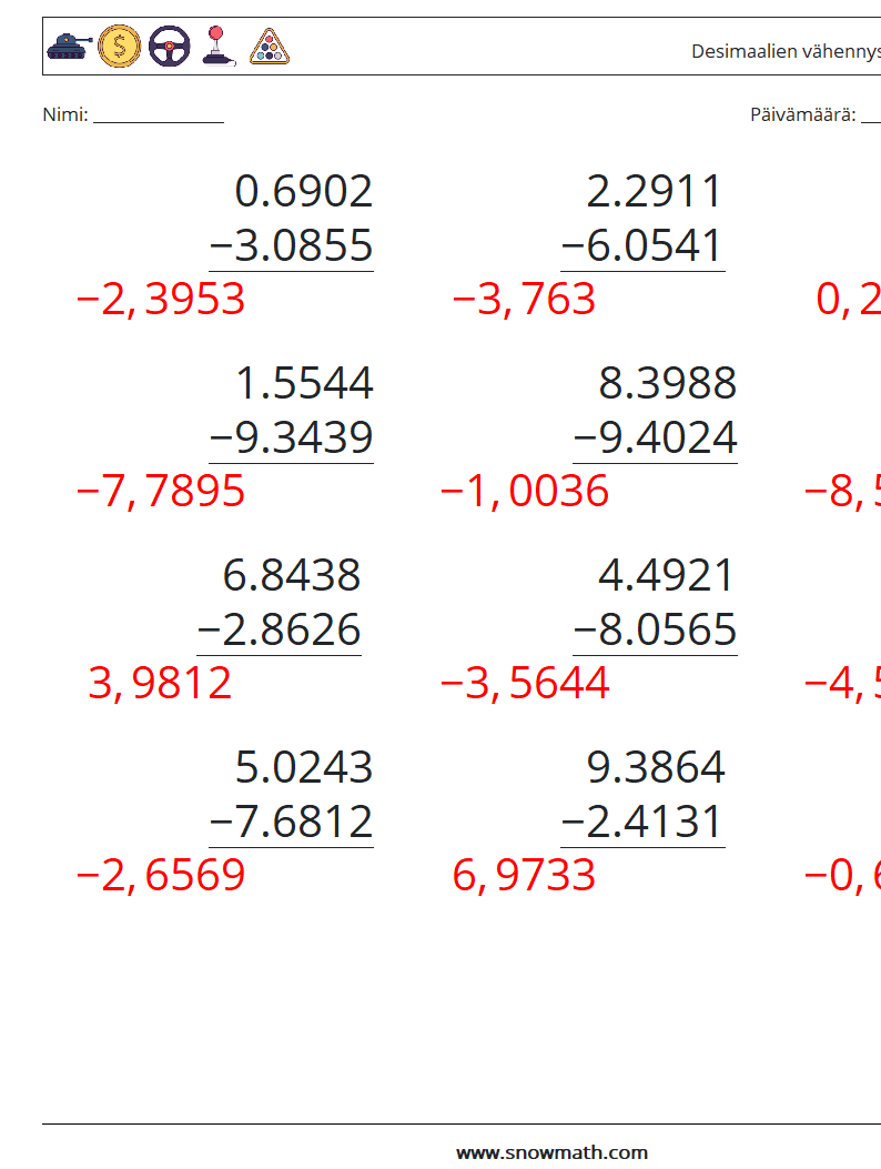(12) Desimaalien vähennys (4 numeroa) Matematiikan laskentataulukot 5 Kysymys, vastaus