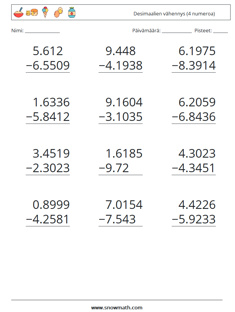 (12) Desimaalien vähennys (4 numeroa) Matematiikan laskentataulukot 7