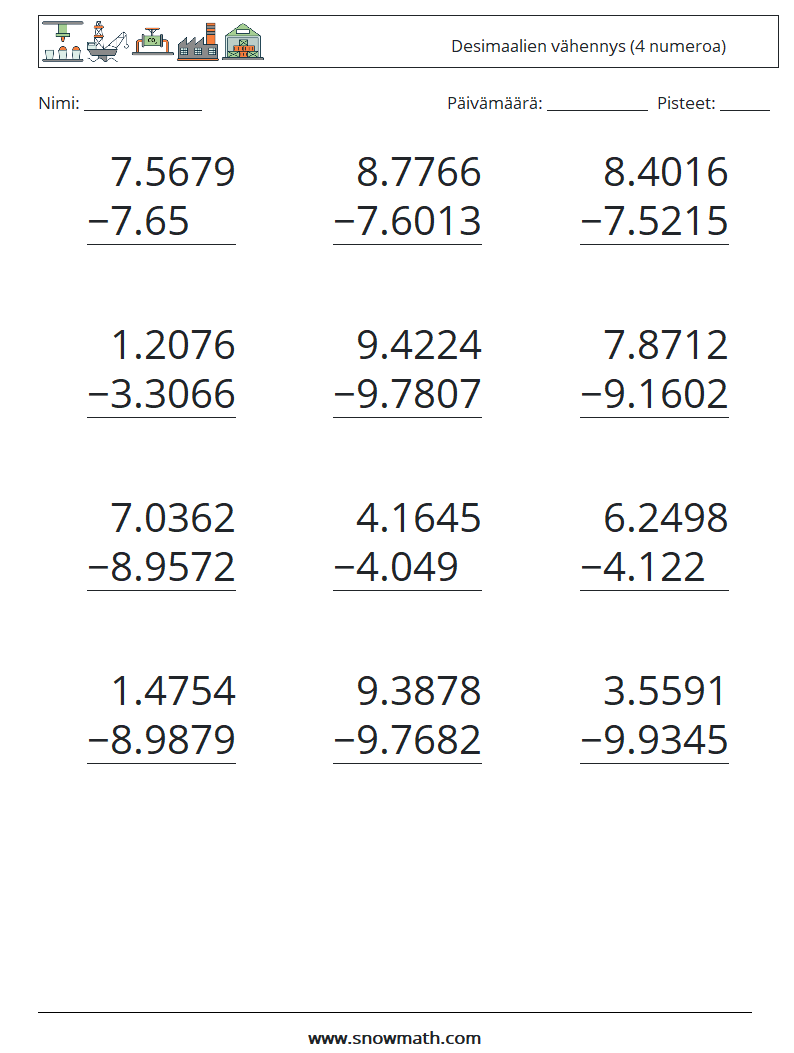 (12) Desimaalien vähennys (4 numeroa) Matematiikan laskentataulukot 8