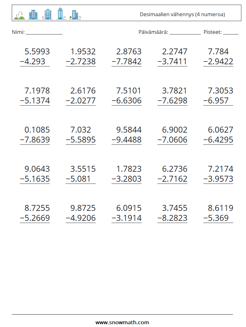 (25) Desimaalien vähennys (4 numeroa) Matematiikan laskentataulukot 11
