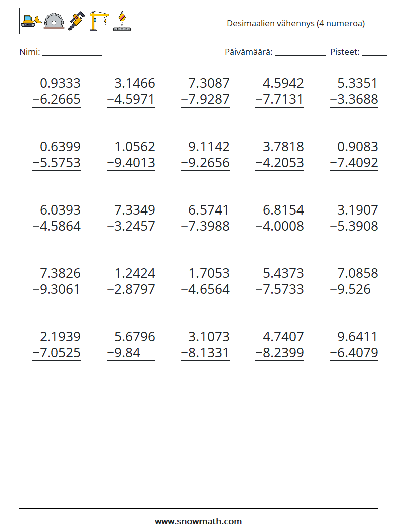 (25) Desimaalien vähennys (4 numeroa) Matematiikan laskentataulukot 12