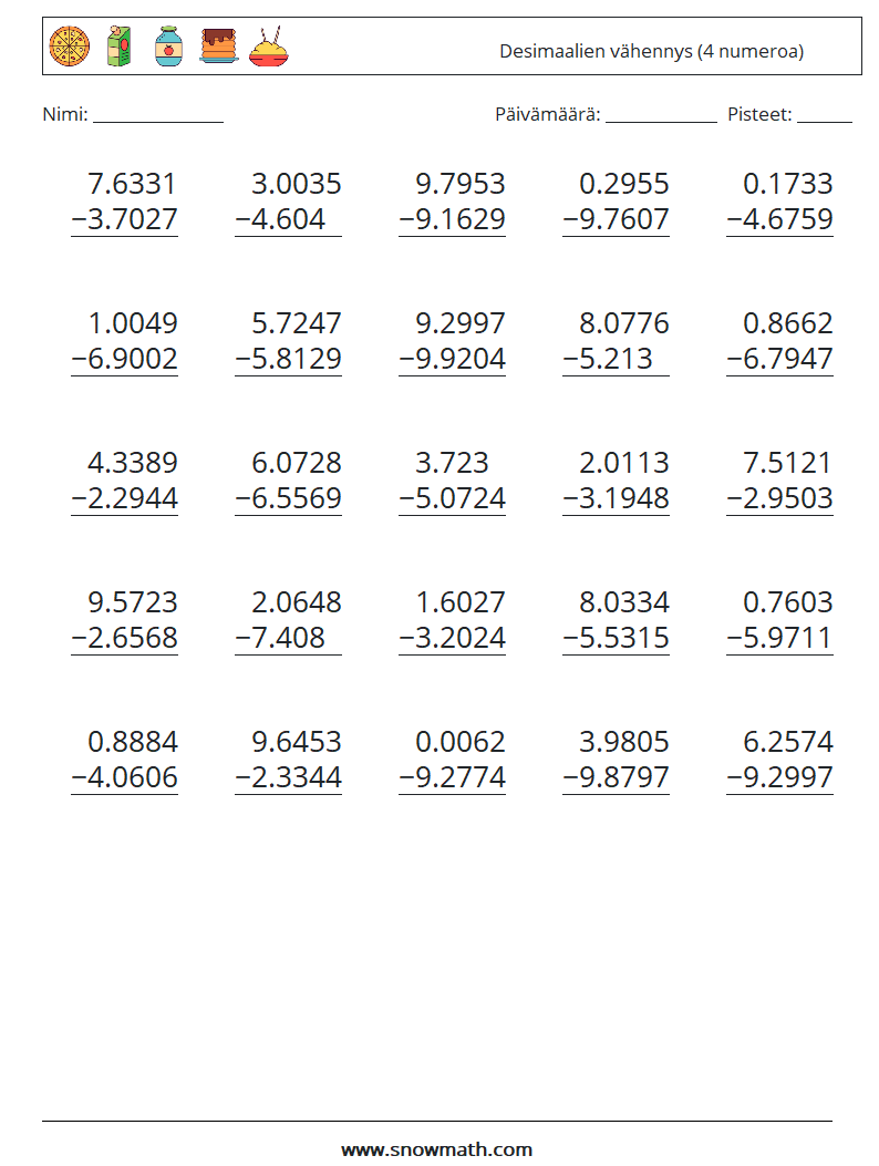 (25) Desimaalien vähennys (4 numeroa) Matematiikan laskentataulukot 18