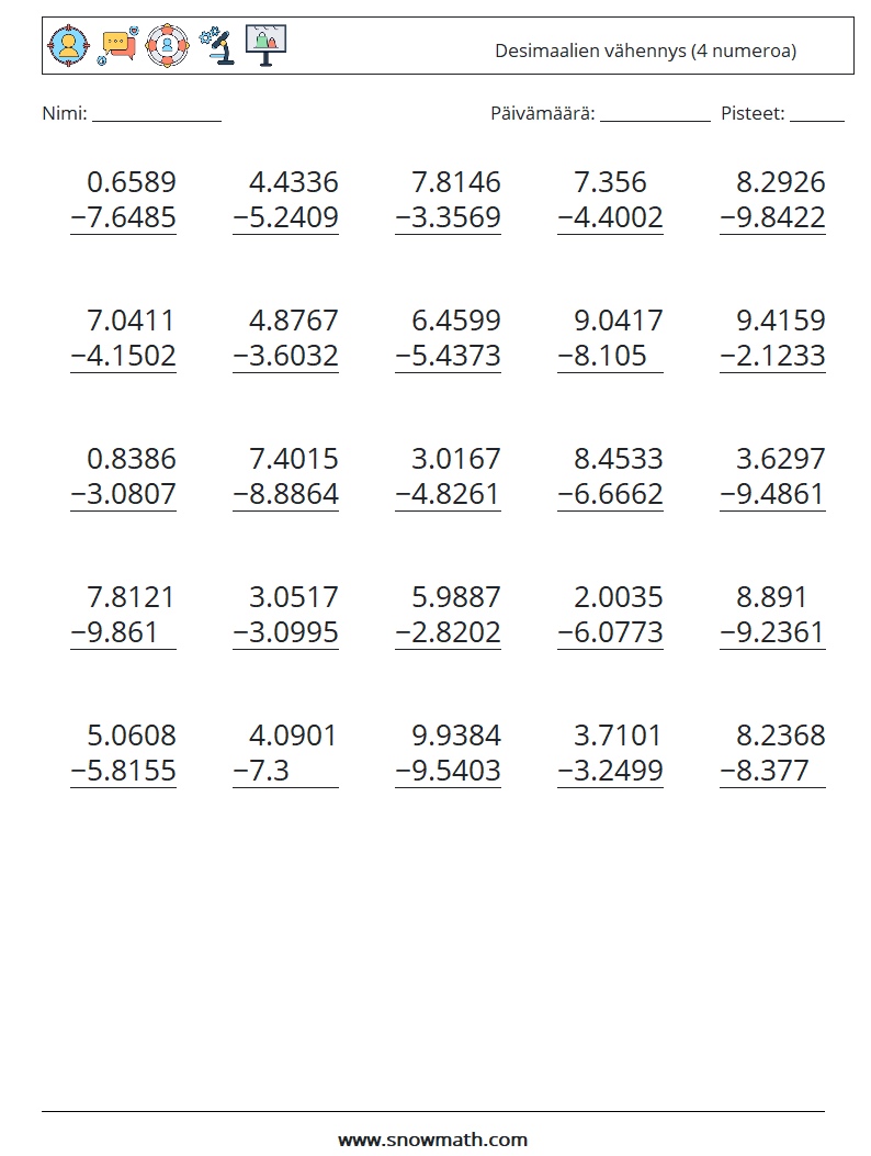 (25) Desimaalien vähennys (4 numeroa) Matematiikan laskentataulukot 4