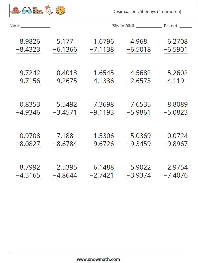 (25) Desimaalien vähennys (4 numeroa) Matematiikan laskentataulukot 5