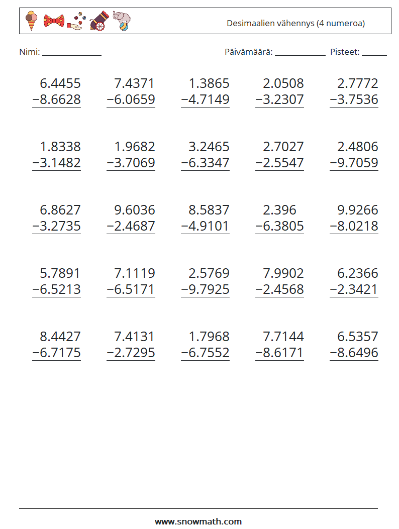 (25) Desimaalien vähennys (4 numeroa) Matematiikan laskentataulukot 6