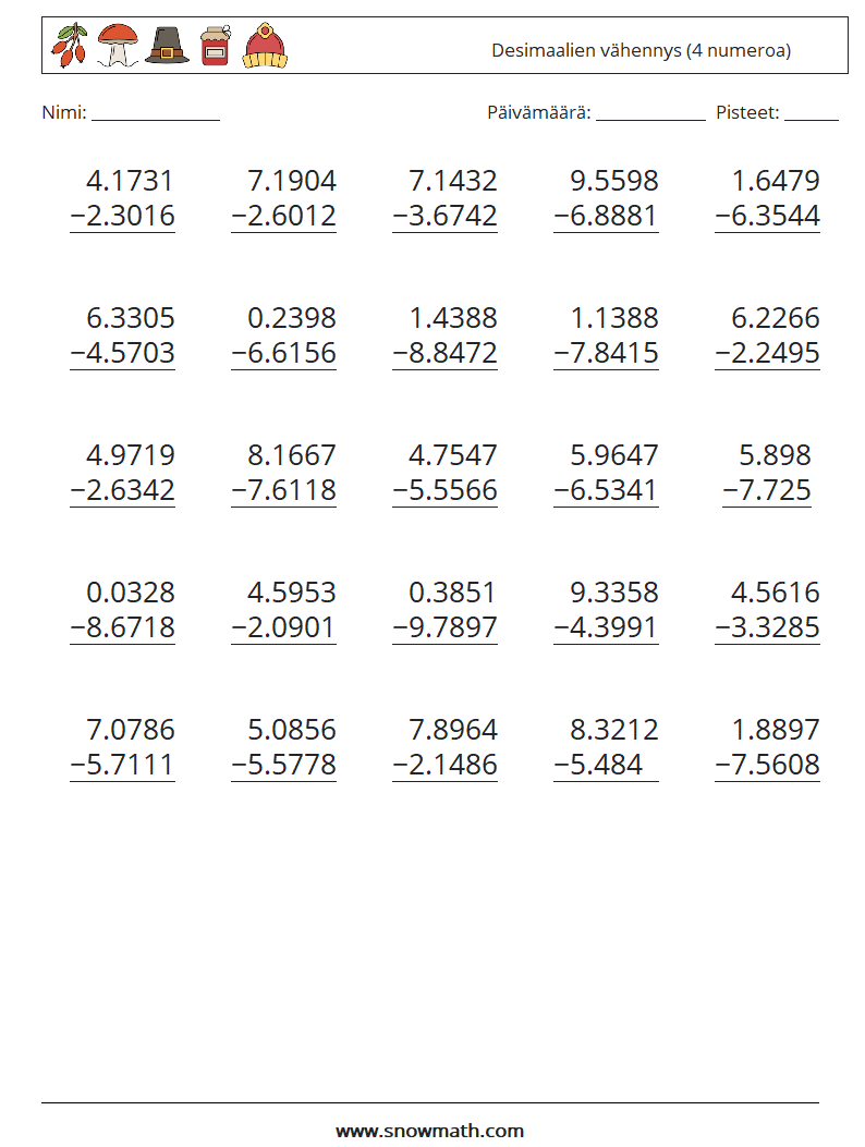 (25) Desimaalien vähennys (4 numeroa) Matematiikan laskentataulukot 7
