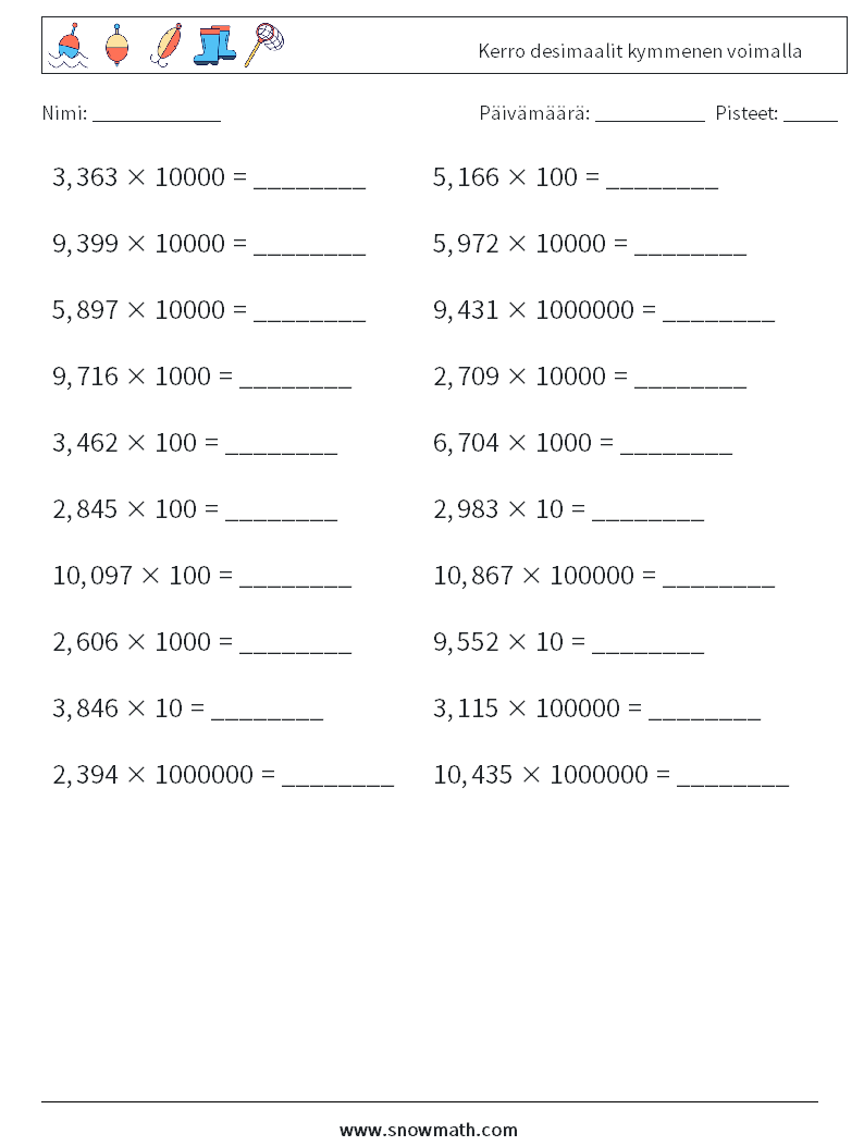 Kerro desimaalit kymmenen voimalla Matematiikan laskentataulukot 1