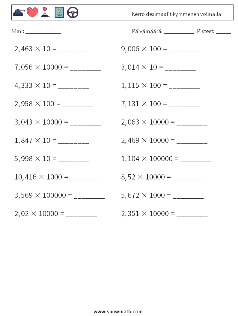 Kerro desimaalit kymmenen voimalla Matematiikan laskentataulukot 13