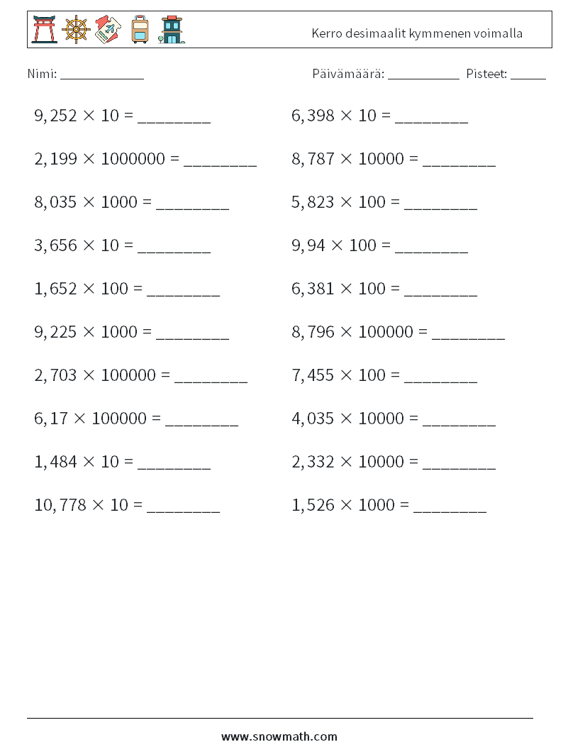 Kerro desimaalit kymmenen voimalla Matematiikan laskentataulukot 14