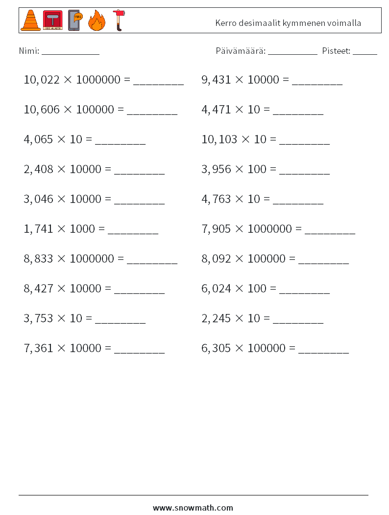 Kerro desimaalit kymmenen voimalla Matematiikan laskentataulukot 15