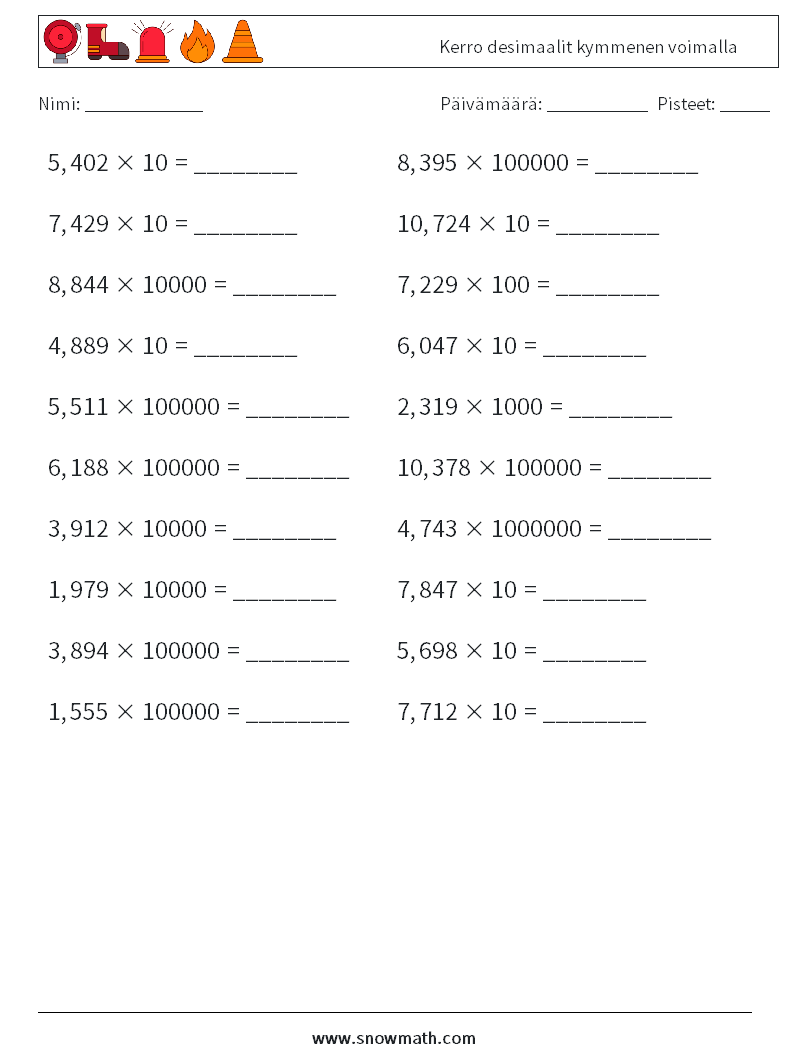 Kerro desimaalit kymmenen voimalla Matematiikan laskentataulukot 18