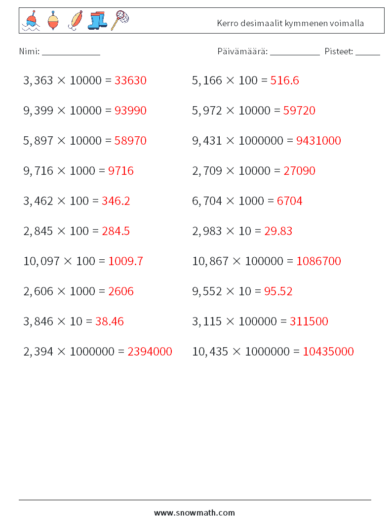 Kerro desimaalit kymmenen voimalla Matematiikan laskentataulukot 1 Kysymys, vastaus