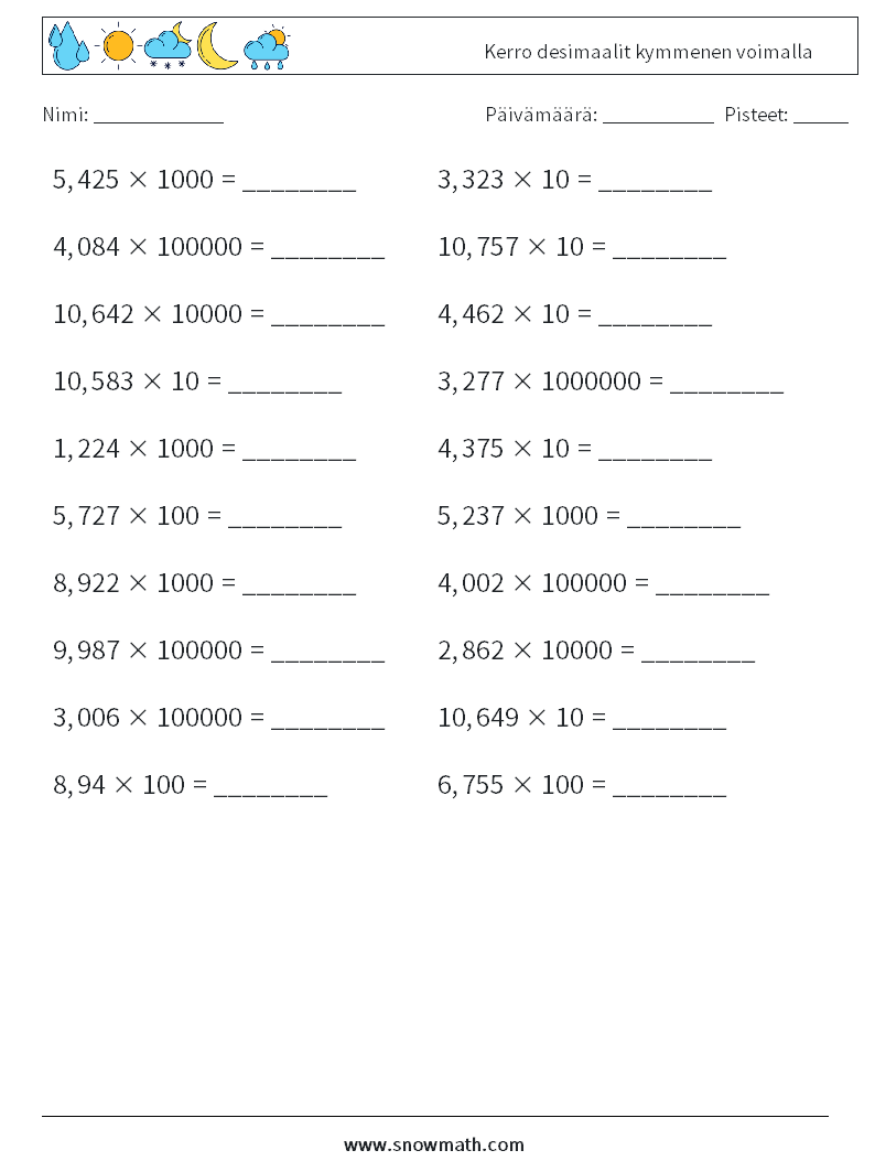 Kerro desimaalit kymmenen voimalla Matematiikan laskentataulukot 2