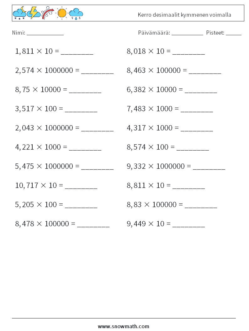 Kerro desimaalit kymmenen voimalla Matematiikan laskentataulukot 3