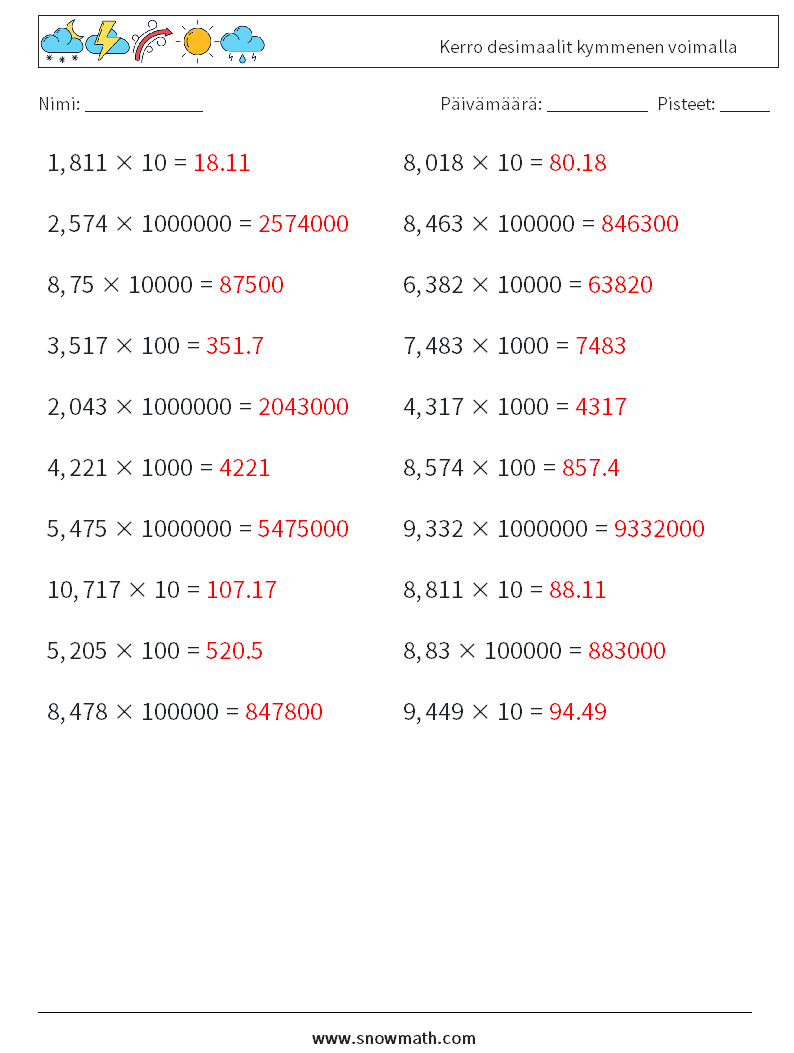 Kerro desimaalit kymmenen voimalla Matematiikan laskentataulukot 3 Kysymys, vastaus