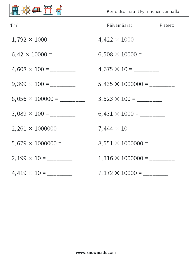 Kerro desimaalit kymmenen voimalla Matematiikan laskentataulukot 4