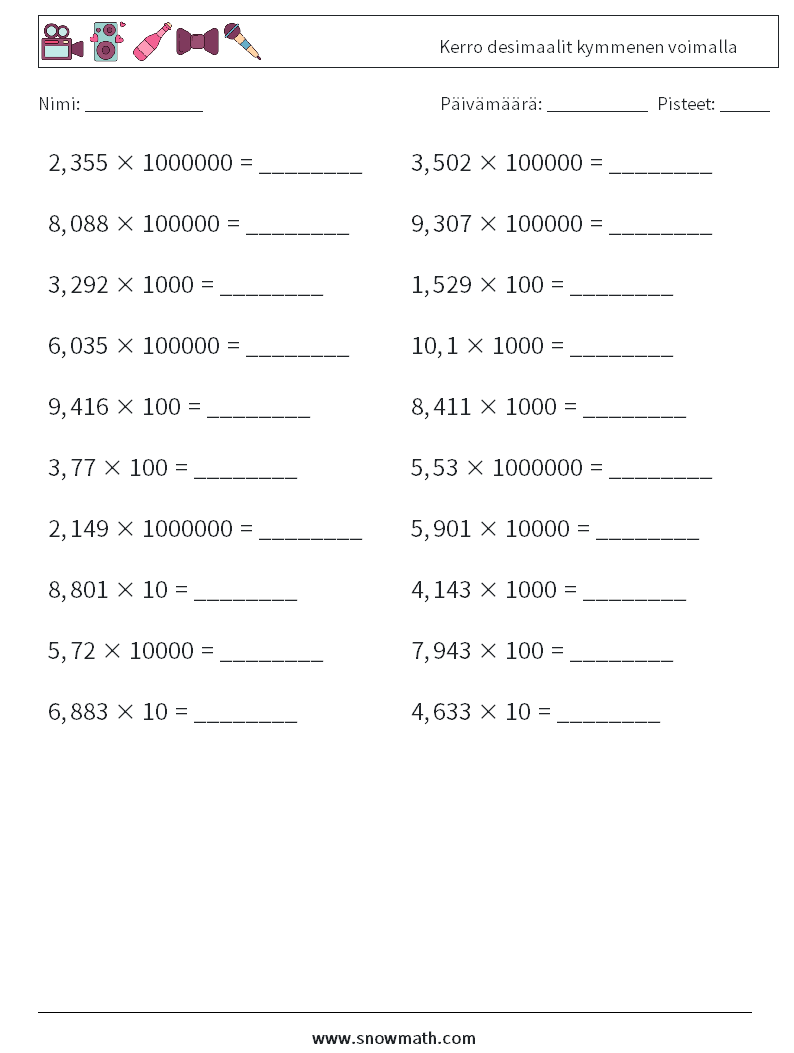 Kerro desimaalit kymmenen voimalla Matematiikan laskentataulukot 5