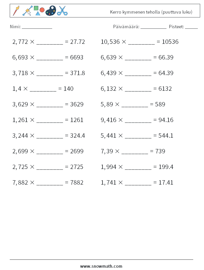 Kerro kymmenen teholla (puuttuva luku) Matematiikan laskentataulukot 1