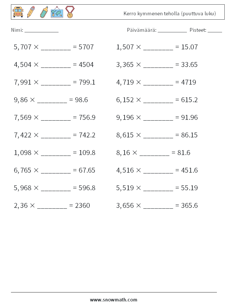 Kerro kymmenen teholla (puuttuva luku) Matematiikan laskentataulukot 10