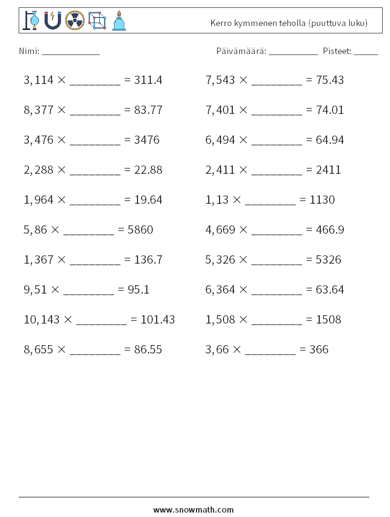 Kerro kymmenen teholla (puuttuva luku) Matematiikan laskentataulukot 11