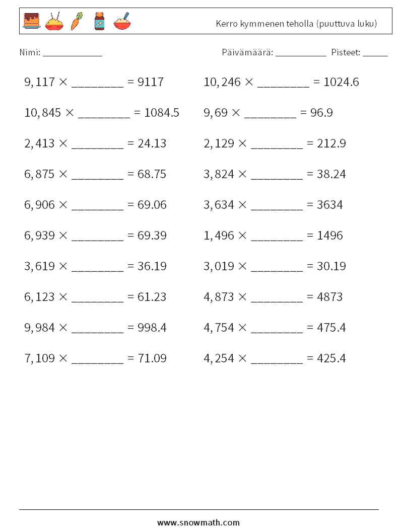 Kerro kymmenen teholla (puuttuva luku) Matematiikan laskentataulukot 12