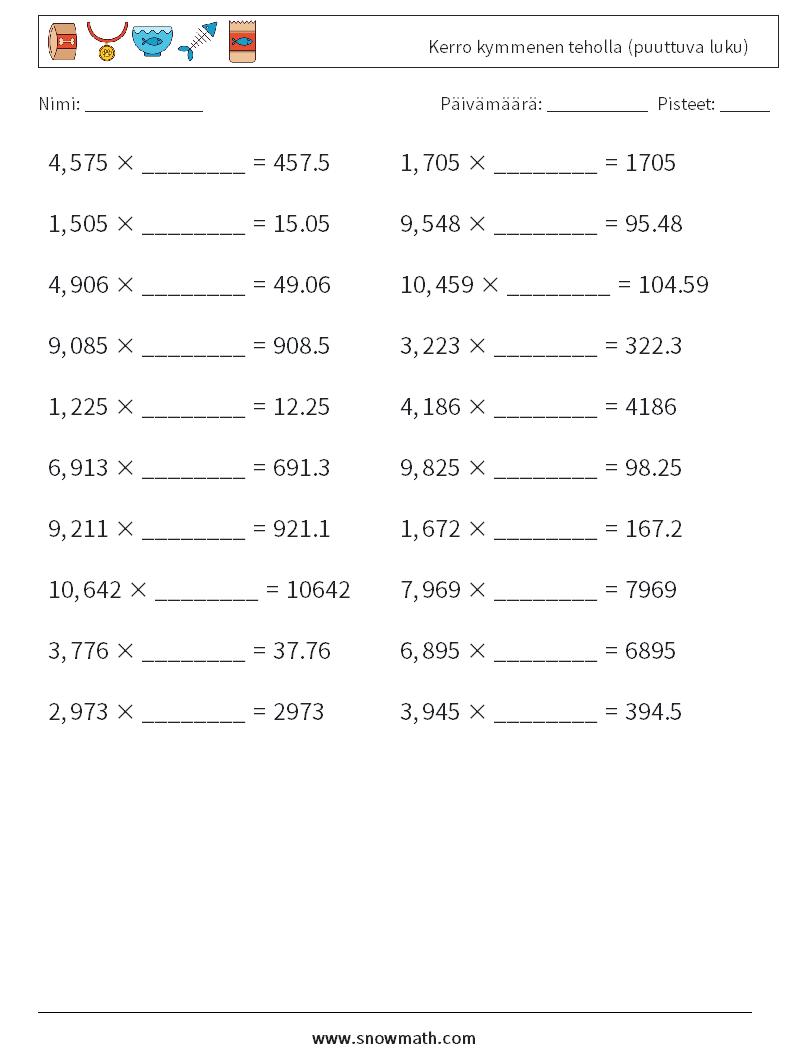 Kerro kymmenen teholla (puuttuva luku) Matematiikan laskentataulukot 13