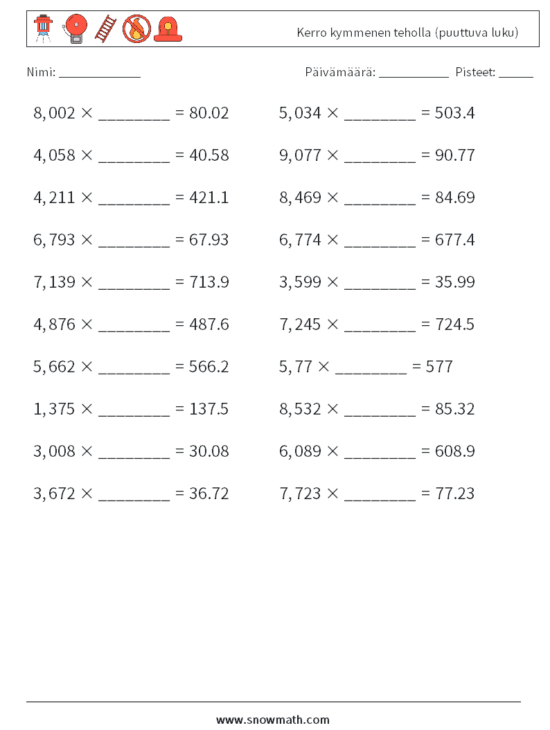 Kerro kymmenen teholla (puuttuva luku) Matematiikan laskentataulukot 15