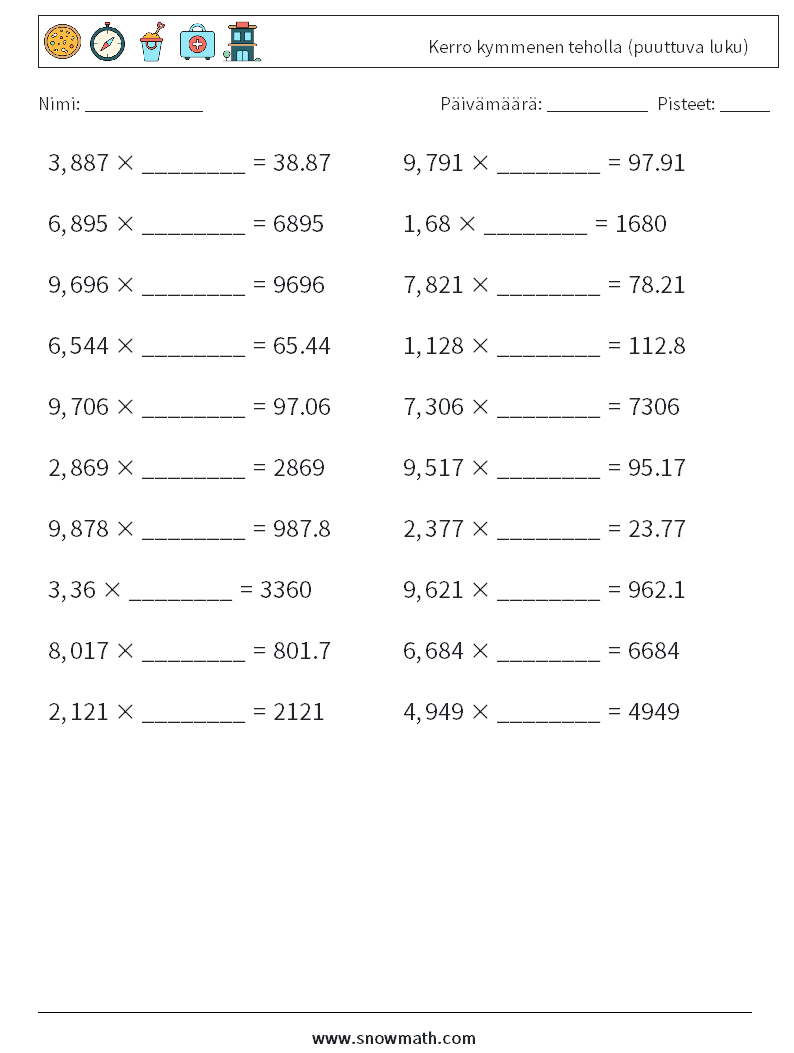 Kerro kymmenen teholla (puuttuva luku) Matematiikan laskentataulukot 16