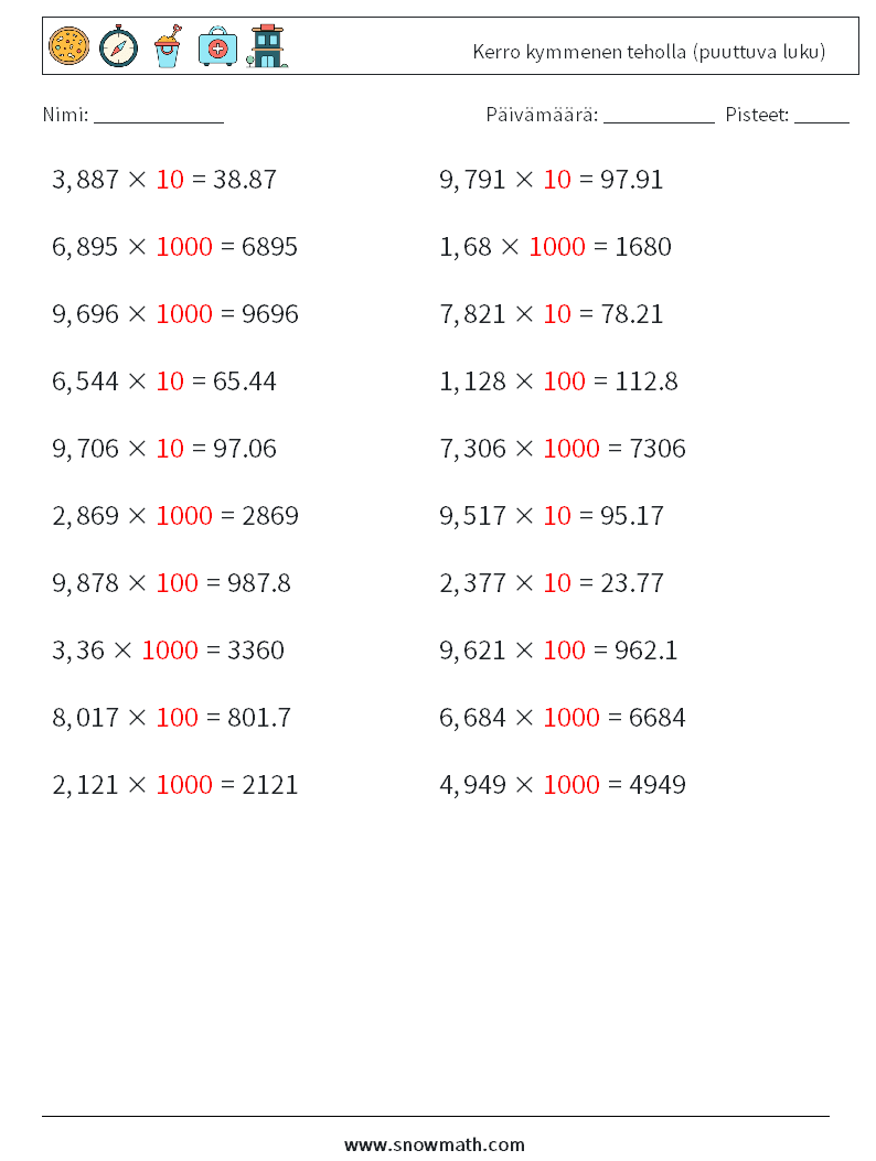 Kerro kymmenen teholla (puuttuva luku) Matematiikan laskentataulukot 16 Kysymys, vastaus