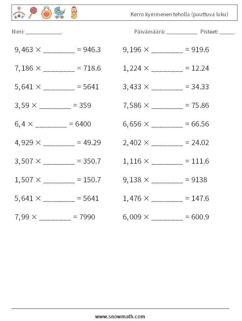 Kerro kymmenen teholla (puuttuva luku) Matematiikan laskentataulukot 17