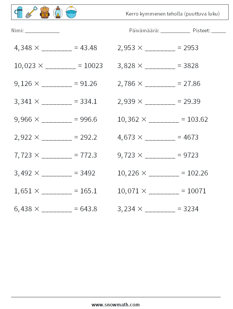 Kerro kymmenen teholla (puuttuva luku) Matematiikan laskentataulukot 18